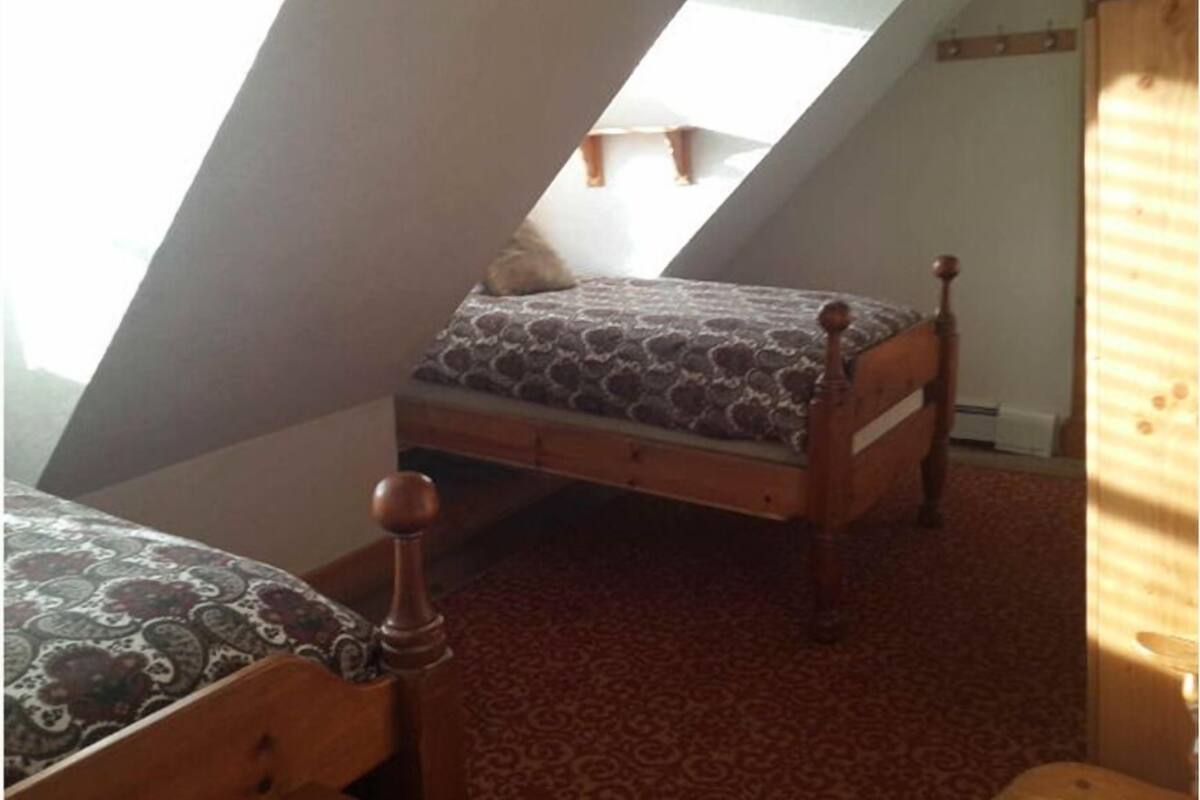 A bedroom with a sloped ceiling, a wooden bed, and a patterned carpet.