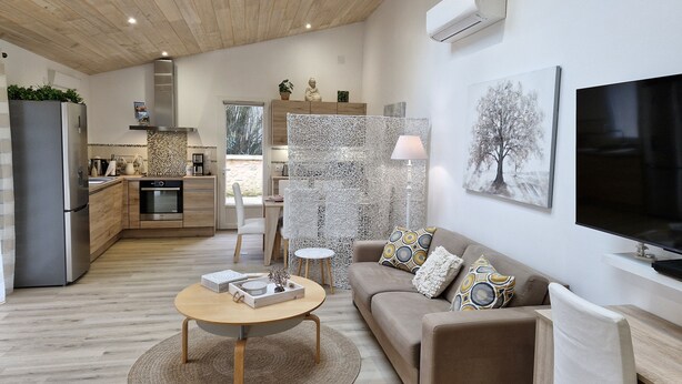 A modern living room with a sofa, coffee table, and TV. There is a kitchen in the background with a refrigerator, oven, and sink. - Petit Paradis Avec Piscine Partagée (Gizay)