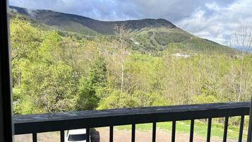 A view from a balcony with a wooden railing, overlooking a mountainous landscape with dense greenery and a few buildings in the valley.
