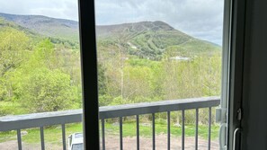 Une vue depuis un balcon doté d’une balustrade, donnant sur un paysage montagneux verdoyant et un ciel dégagé.