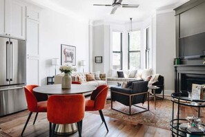 Smart TV, fireplace, books