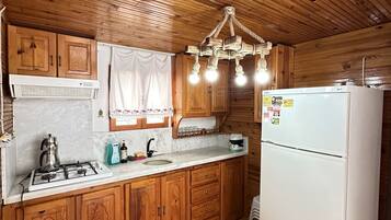 Eenvoudig appartement | Privékeuken | Een koelkast/vriezer, een oven, een kookplaat