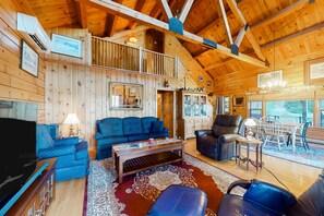 TV, fireplace, books