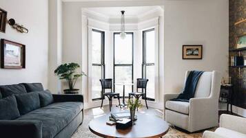 TV connectée, cheminée, livres, chaîne hi-fi