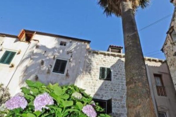 A stone building with a balcony, a palm tree, and purple flowers in the foreground.