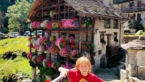 Un bâtiment traditionnel en bois, doté de balcons ornés de fleurs, situé dans une région montagneuse.