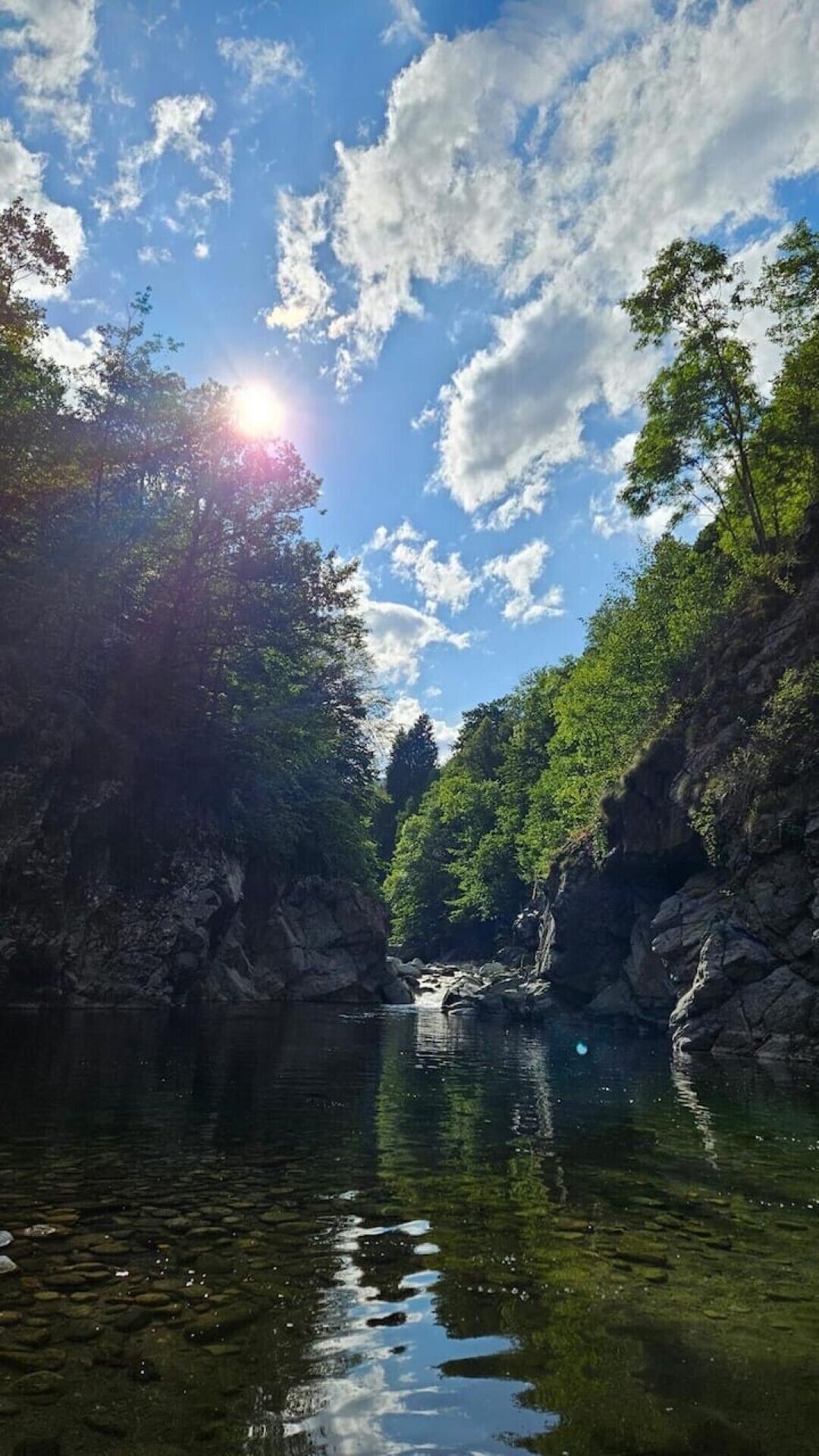 A serene river with rocky banks and dense greenery, under a partly cloudy sky.