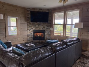 Smart TV, fireplace, books