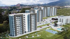A modern apartment complex with multiple high-rise buildings, a central courtyard with a pool, and surrounding greenery. - Wonderful apartment near the airport (Pereira)