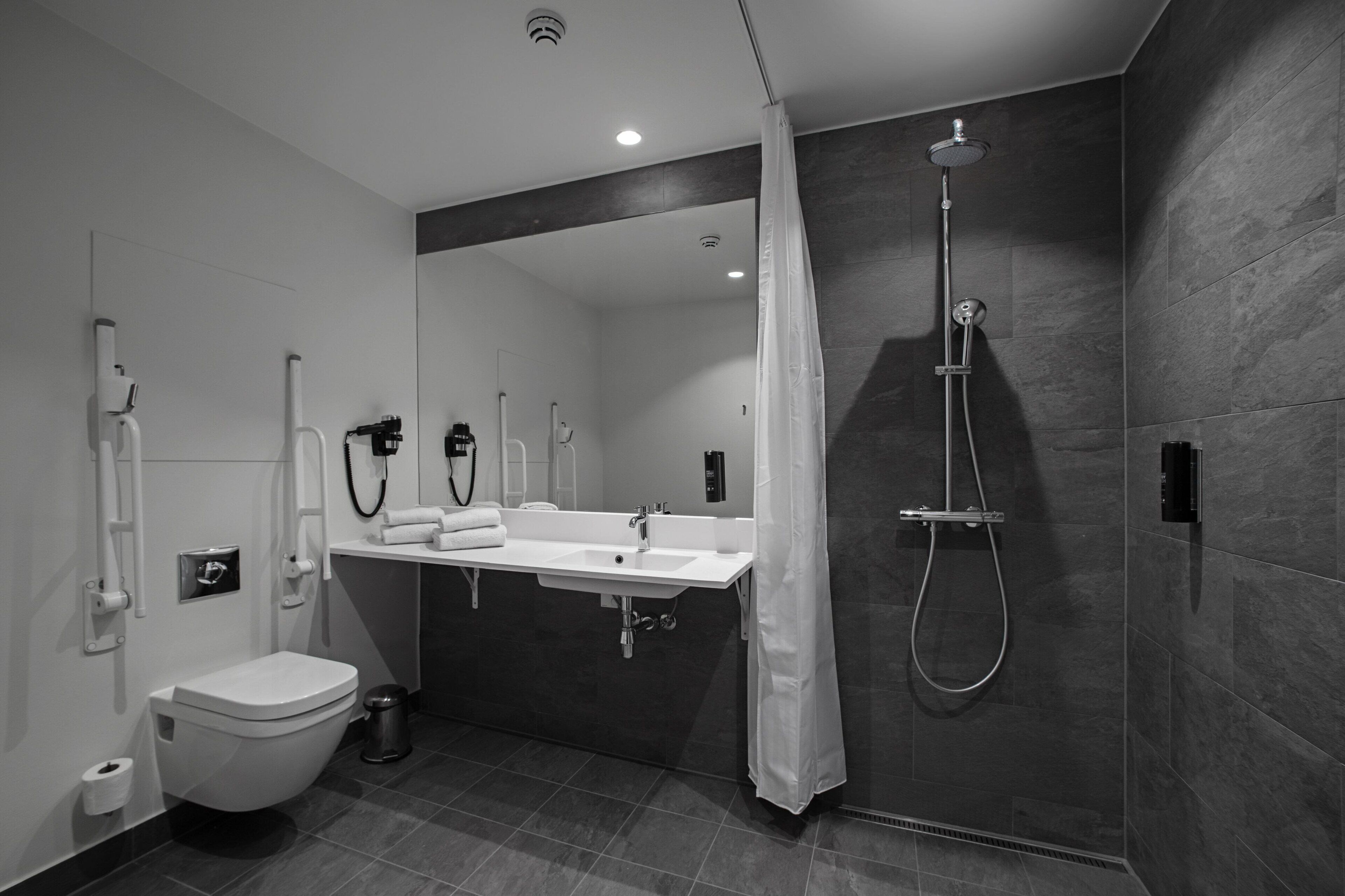 A modern bathroom with a toilet, a sink, a shower, and a mirror.