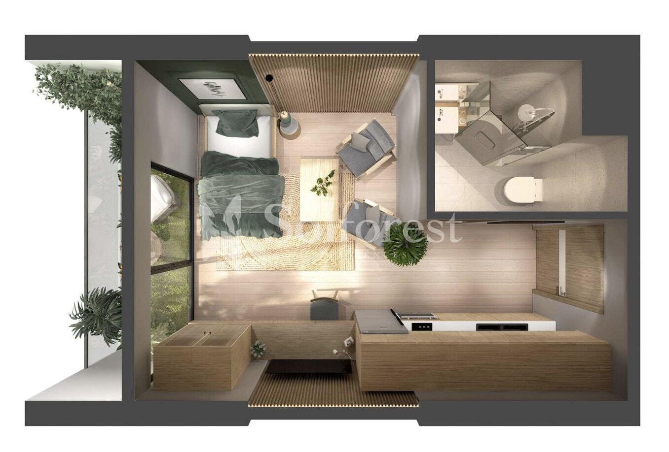 A modern apartment layout with a living area, kitchen, and a small balcony.