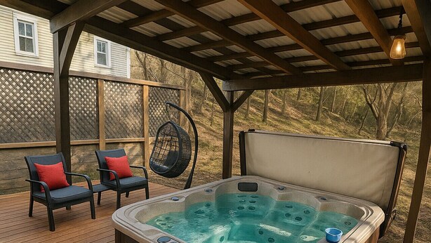 A hot tub with steps, two chairs with red cushions, and a wooden deck.