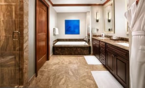 Jetted tub, hair dryer, towels, soap