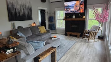 Smart TV, fireplace, books