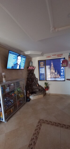 A hotel lobby with a large TV screen displaying a program, a decorative rock wall, a potted plant, and a framed picture of a cathedral. - San gabriel (Ubaté)