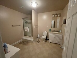 Shower, hair dryer, towels