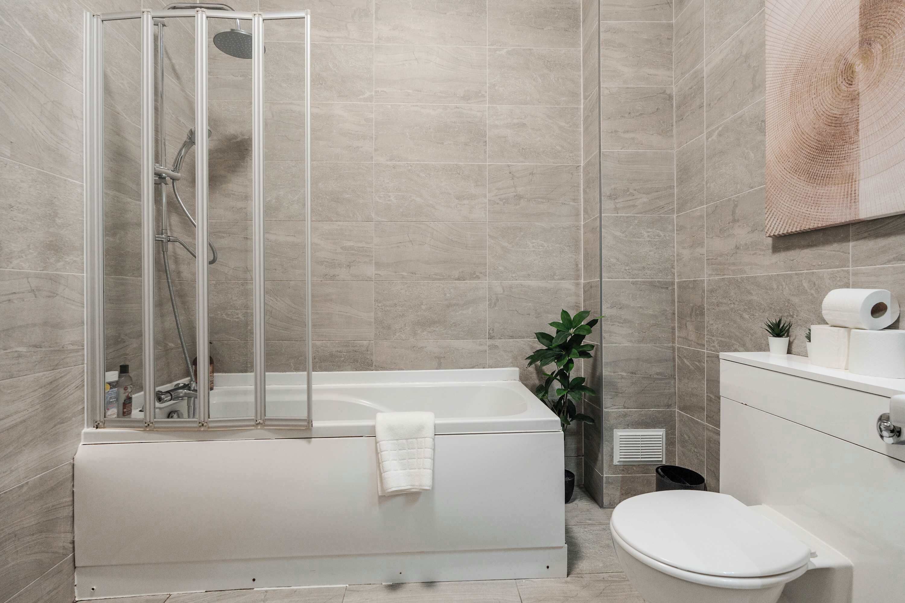 Shower, hair dryer, shampoo