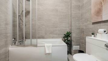 Shower, hair dryer, shampoo