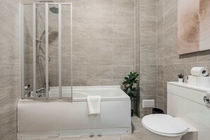 Shower, hair dryer, shampoo