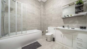 Shower, hair dryer, shampoo