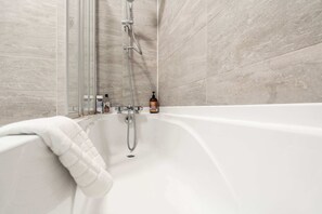 Shower, hair dryer, shampoo