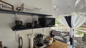 Fridge, microwave, stovetop, coffee/tea maker