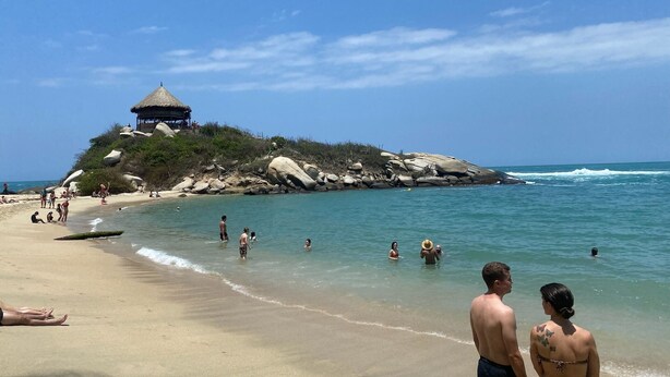 A beach with a thatched-roof structure on a rocky outcrop. - Hermoso Apto en Santa Marta con Piscina (Gaira)
