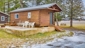 Una cabaña de madera con una mesa y sillas de picnic afuera, rodeada de árboles.