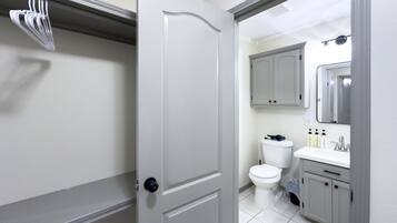 Hair dryer, bidet, towels, soap