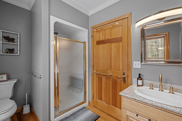 A bathroom with a shower, toilet, vanity, and a wooden door.