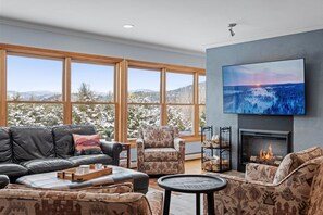 TV connectée, cheminée, livres, chaîne hi-fi