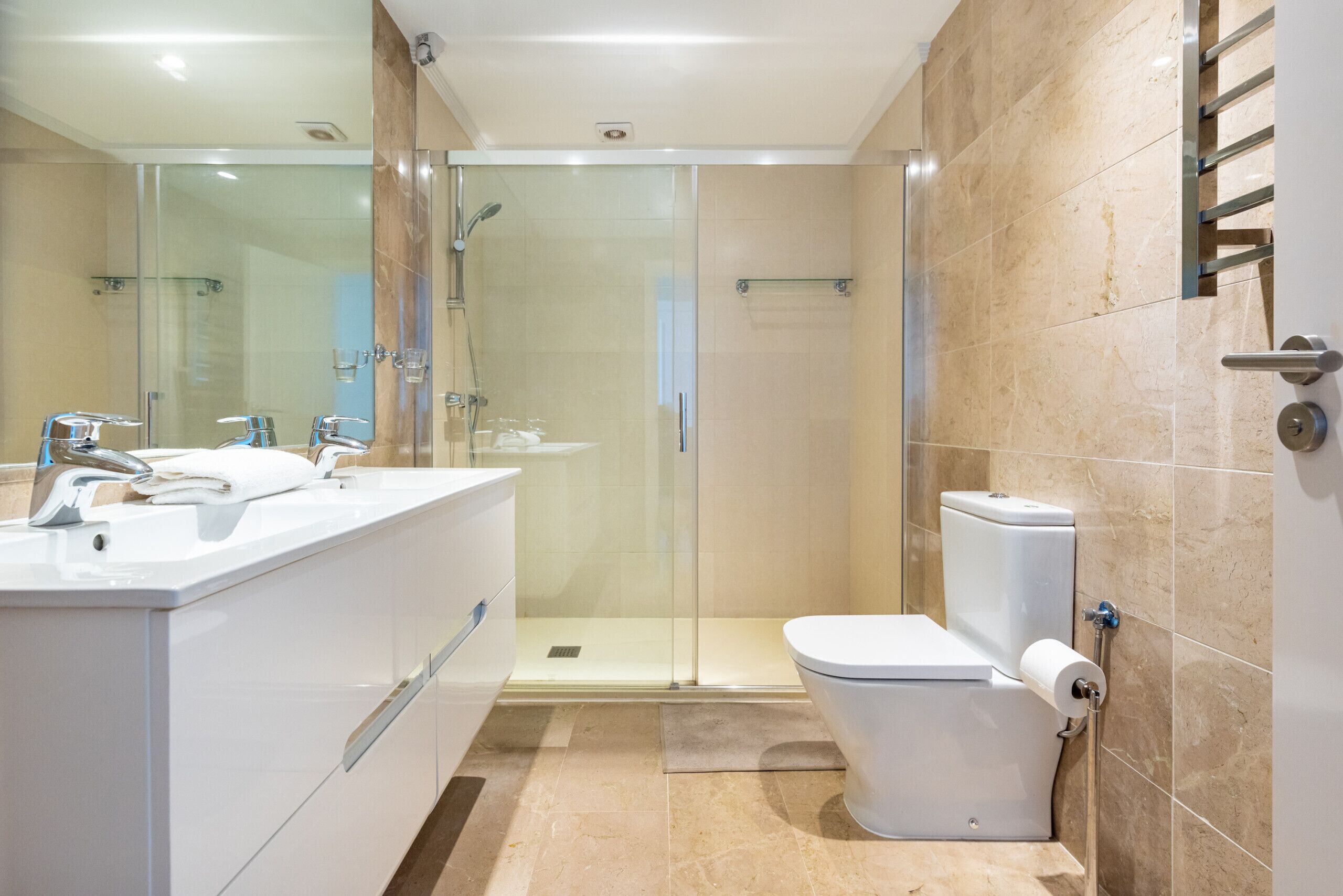 Shower, hair dryer, towels