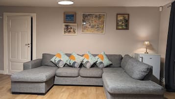 Smart-tv, eldstad, böcker och ett musikbibliotek