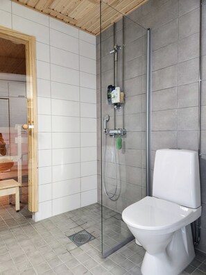 Hair dryer, bidet, towels, soap