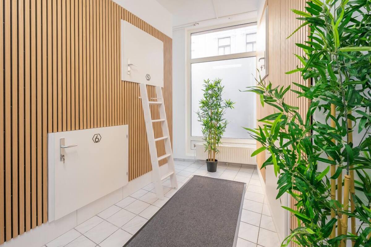 A modern bathroom with a wooden slat wall, a white door with a handle, a black mat, a potted bamboo plant, and a window with a view of buildings.