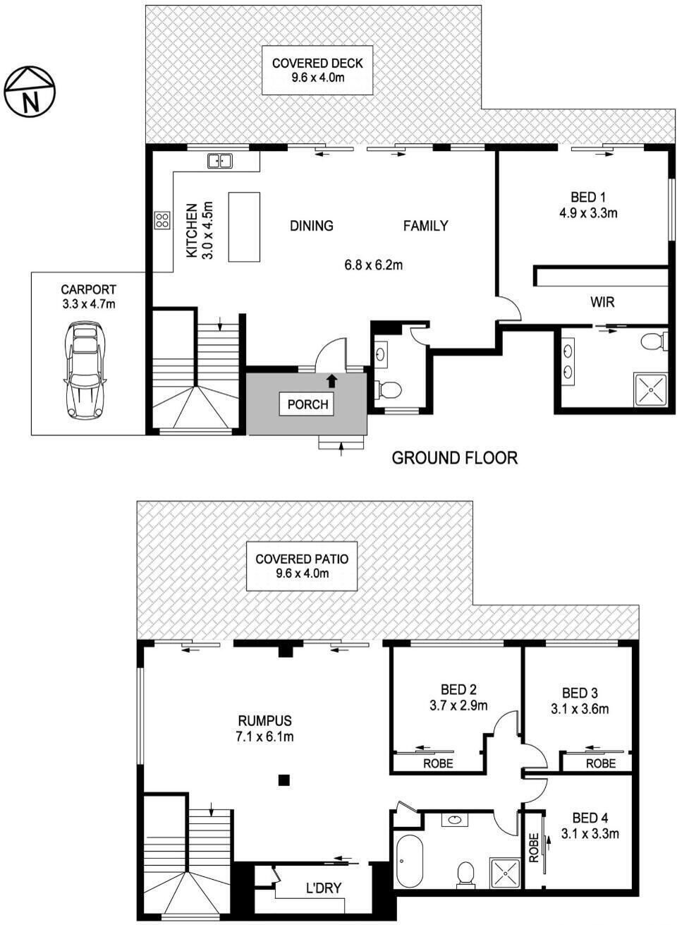 Ein Grundriss mit überdachter Terrasse, Carport, Essbereich, Familienzimmer und überdachtem Patio.