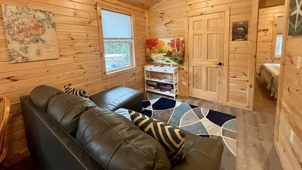 A cozy cabin interior with a leather sofa, a small bookshelf, and a wooden door.