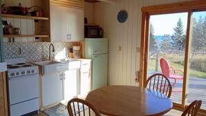 Eine kompakte Küche mit Herd, Spüle und Kühlschrank, ein Esstisch mit Stühlen und ein Blick ins Freie durch eine Schiebetür.