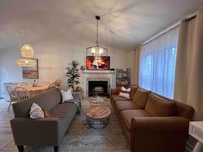 Smart TV, fireplace, books