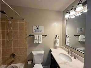 Een haardroger, handdoeken, zeep, toiletpapier