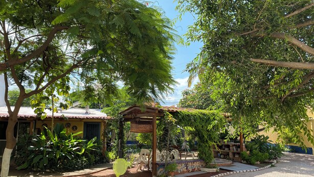 Un patio con un pabellón, un pequeño jardín y un sendero pavimentado.