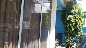 A room with a large window, a blue wall, and a potted plant. - 70 Dereja Hotel (Addis Ababa)
