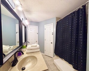 Hair dryer, towels, toilet paper