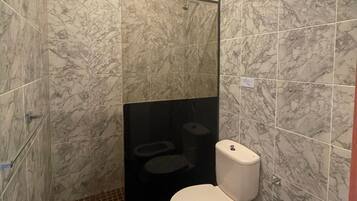 Bidet, towels, soap, toilet paper