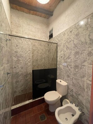 Bidet, towels, soap, toilet paper