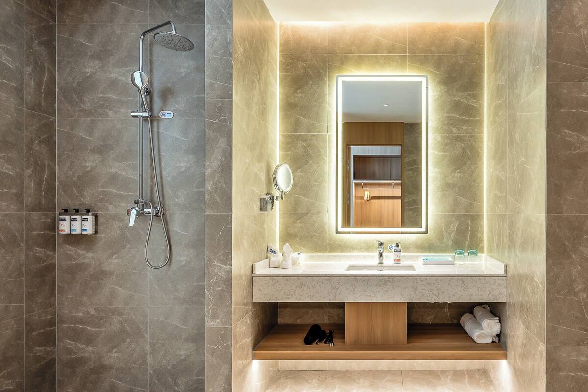 A modern bathroom with a shower, a sink, and a mirror.