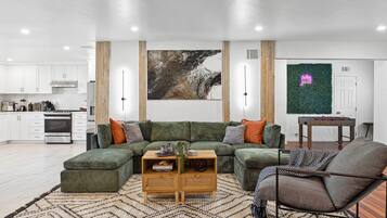 Smart TV, fireplace, foosball, books