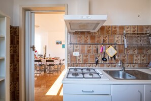 Fridge, stovetop, toaster, cookware/dishes/utensils