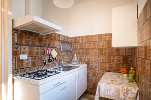 Fridge, stovetop, toaster, cookware/dishes/utensils