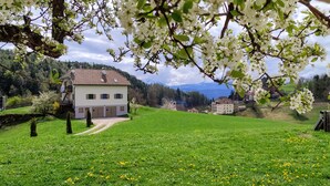 Une maison avec un toit en pente, entourée d’une pelouse verdoyante et d’arbres en fleurs.